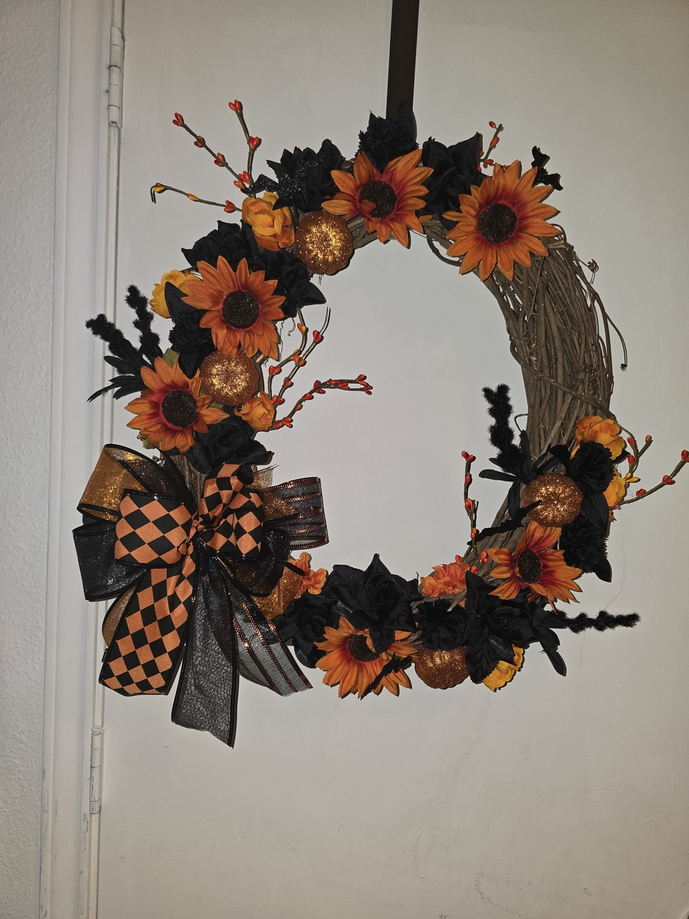 Autumn Sunflower Halloween Grapevine Wreath with Black & Orange Bow
